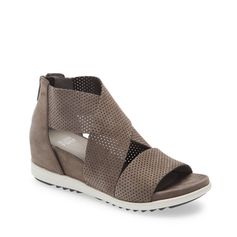 Eileen Fisher Voice Wedge Sandals Women 6 Flaw* Perforated Leather Zip Closure‎